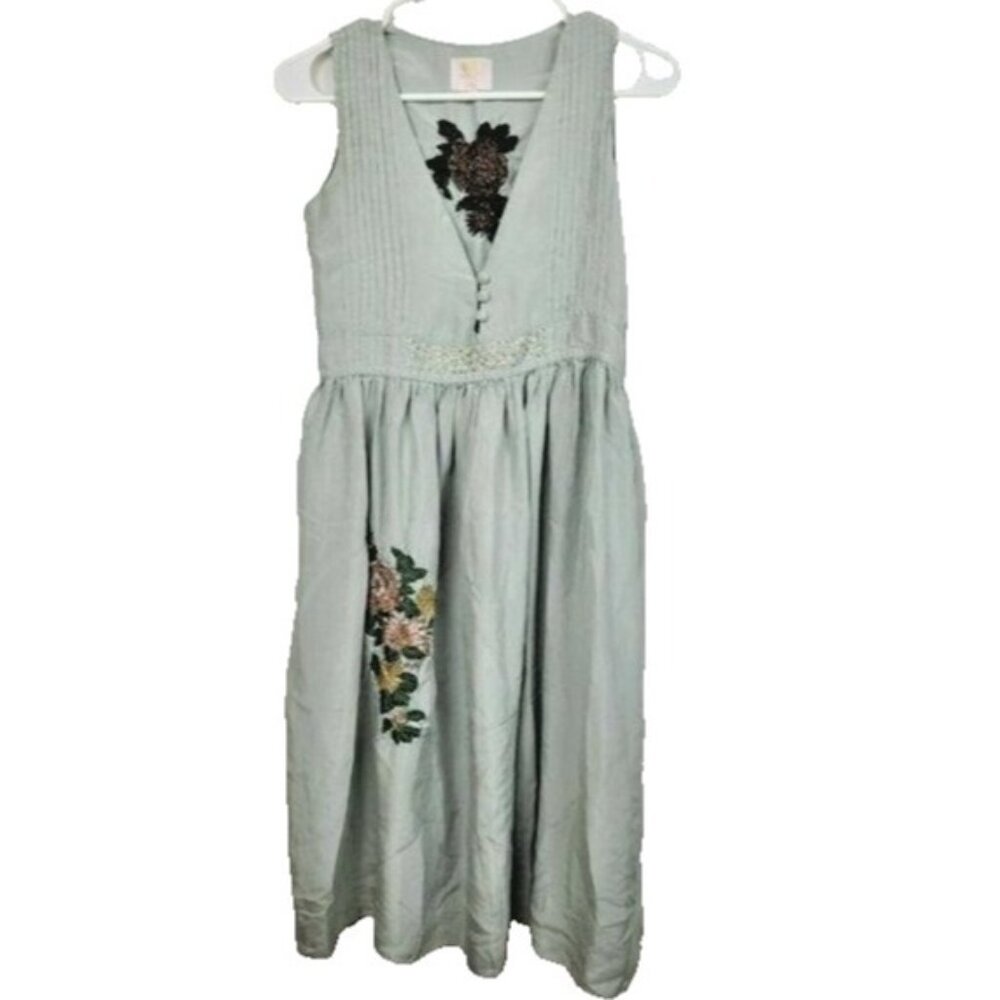 Margo London Womens Silk Floral Embroidered Dress Small Sage Sleeveless‎ BOHO